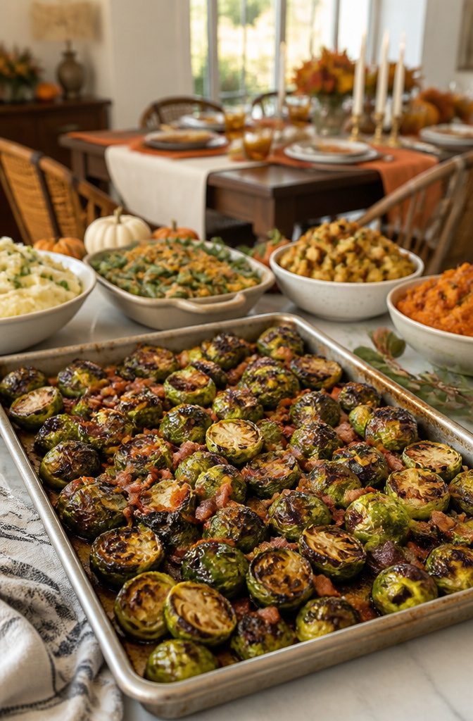 Roasted Brussels sprouts on a sheet pan, topped with bacon bits.