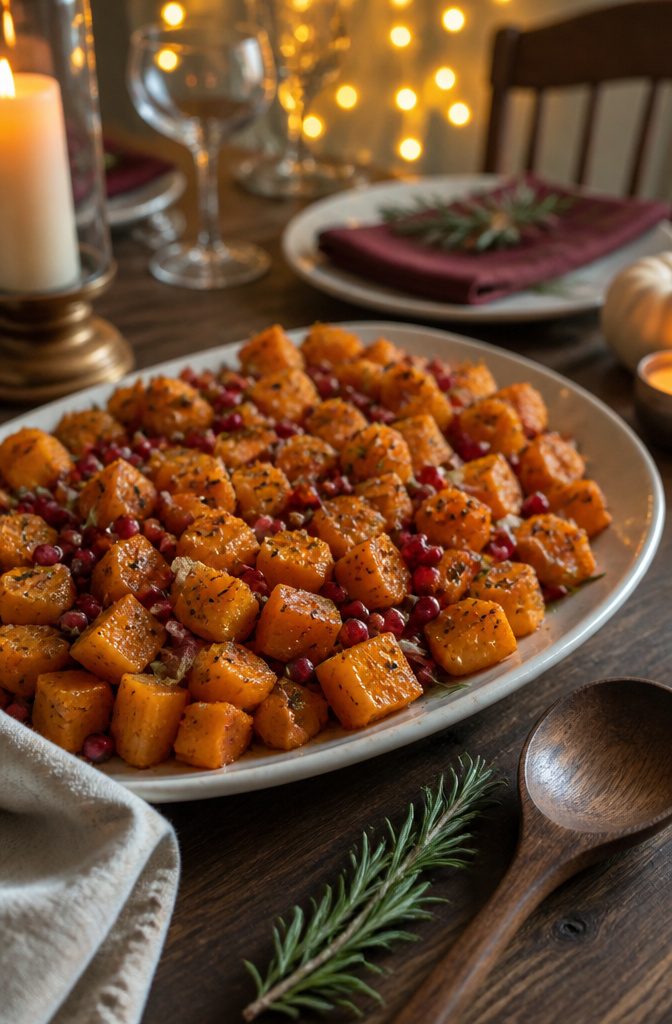 Roasted butternut squash pieces on a platter with olive oil and pomegranate seeds.