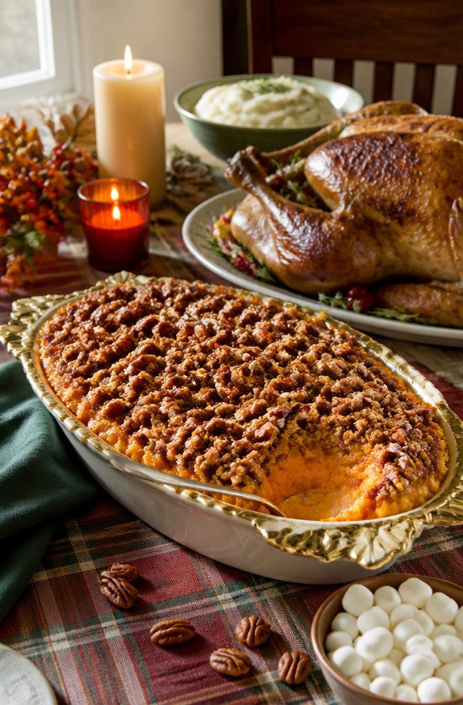 Sweet potato casserole topped with brown sugar pecan crumble in a dish.