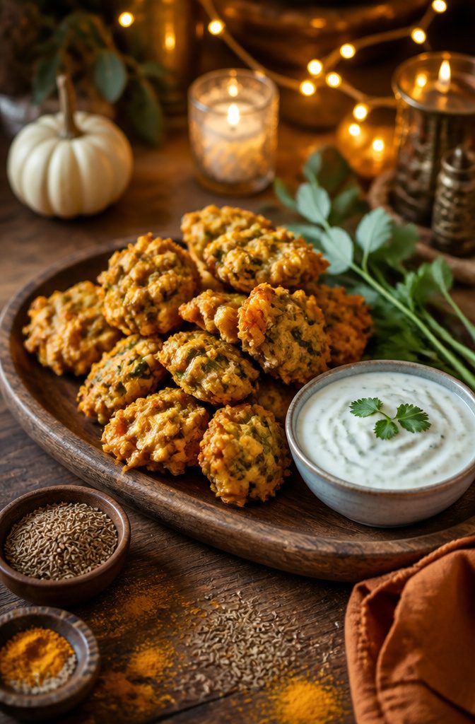 Vegetable pakoras on a board with a bowl of cilantro raita.