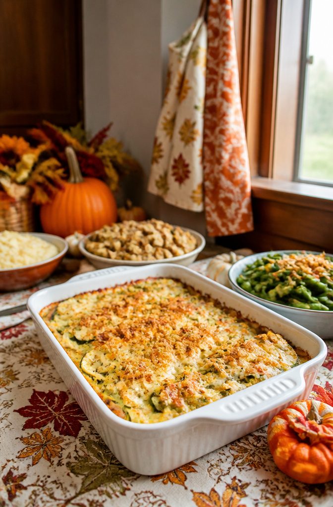 Zucchini casserole in a dish with a golden cheese layer.