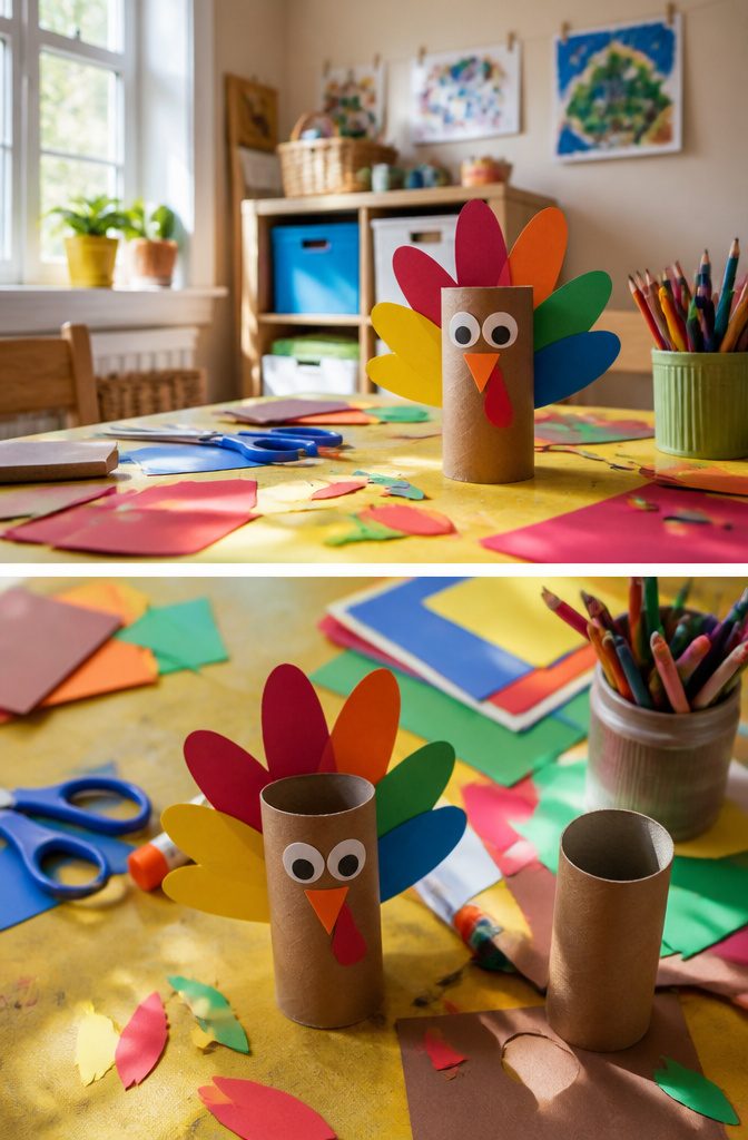 Thanksgiving Turkey Craft Activity Ideas for Kids at Home 4 Turkey made from a toilet paper tube and hand tracings for feathers.