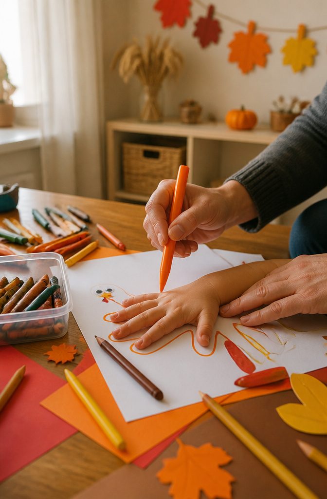 Thanksgiving Turkey Craft Activity Ideas for Kids at Home 3 Child's hand outlined in marker on white paper, surrounded by art supplies.