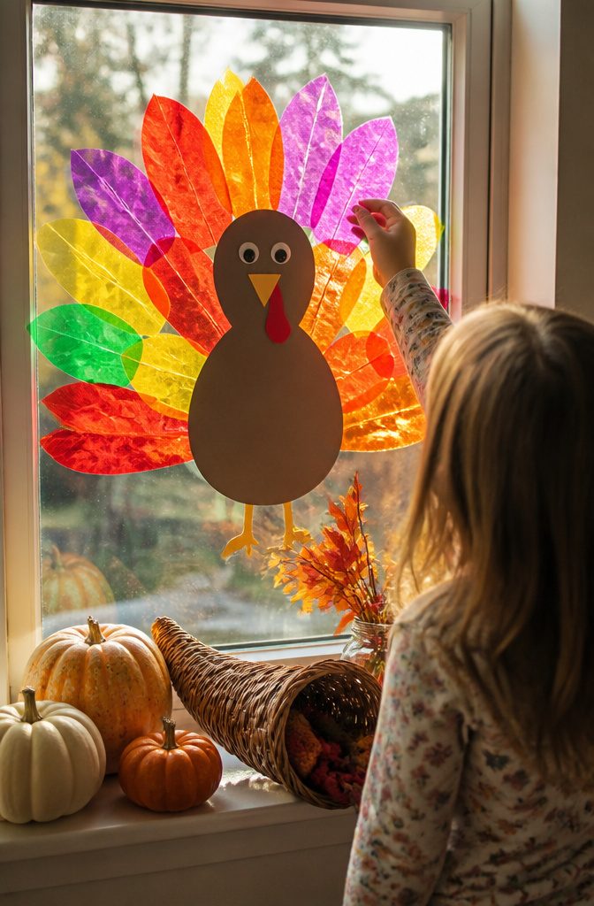 Thanksgiving Turkey Craft Activity Ideas for Kids at Home 6 Turkey crafted from contact paper with feathers stuck on a window.