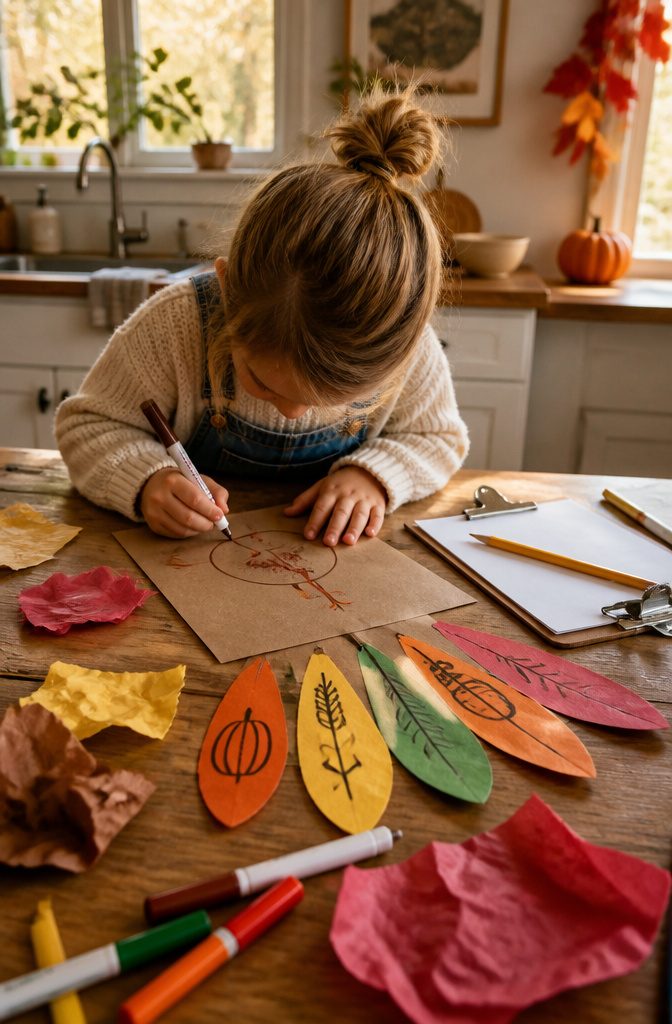 Thanksgiving Turkey Craft Activity Ideas for Kids at Home 2 Child drawing a turkey on brown construction paper with colorful feathers.