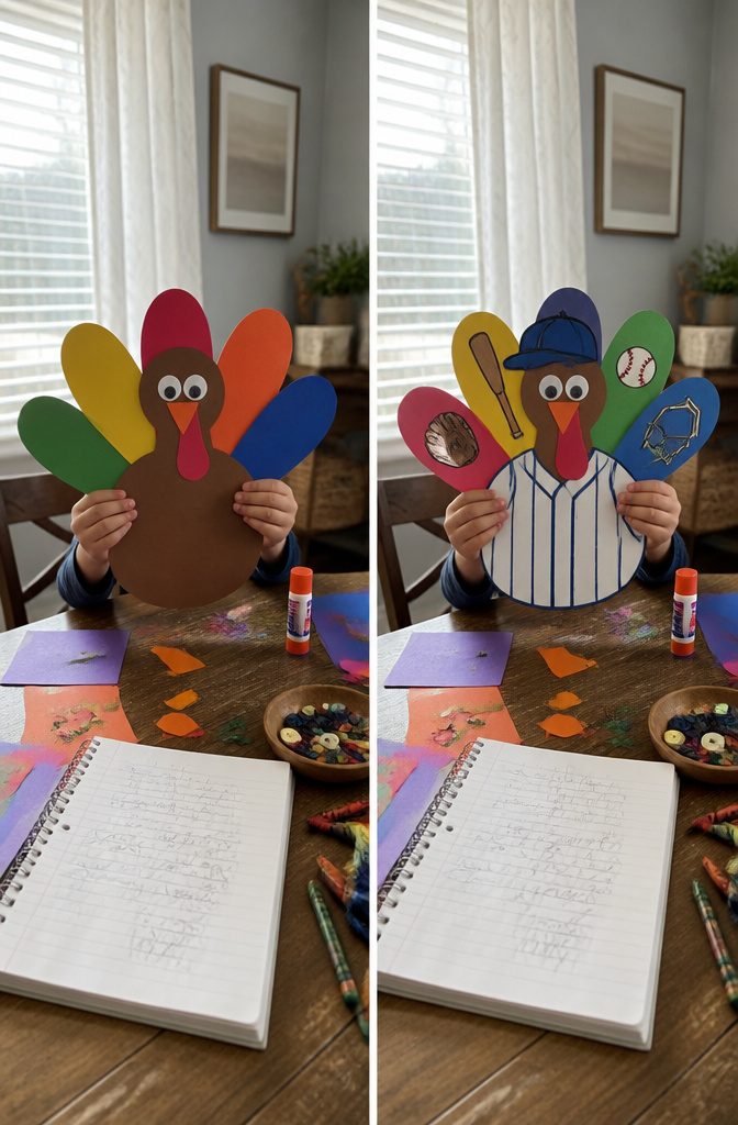 Thanksgiving Turkey Craft Activity Ideas for Kids at Home 5 Turkey craft disguised as a pizza, made with construction paper and glue.