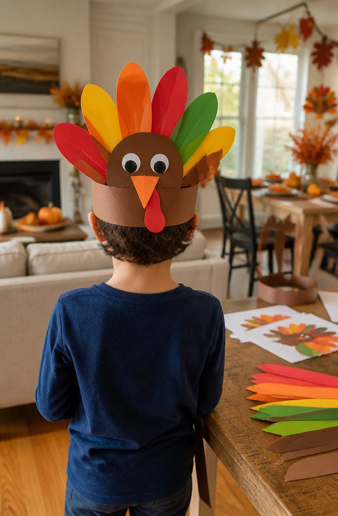Thanksgiving Turkey Craft Activity Ideas for Kids at Home 7 Turkey hat made from construction paper and attached to a sentence strip.