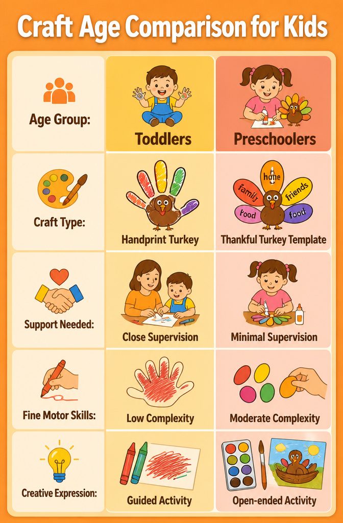 Thanksgiving Turkey Craft Activity Ideas for Kids at Home 11 Information chart showing age-appropriate turkey craft activities.