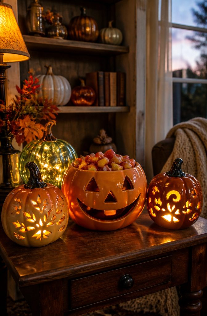 A display of ceramic and glass pumpkins on a side table.