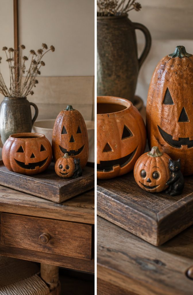 A cluster of vintage pumpkin decor arranged by height on a shelf.