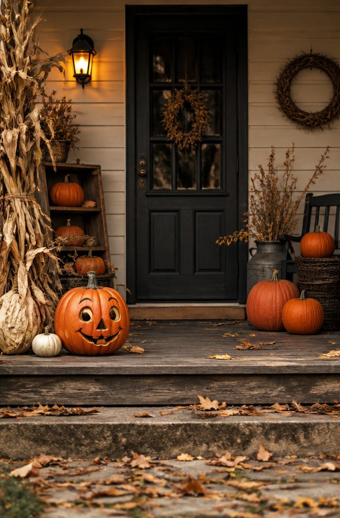 A smiling pumpkin bucket displayed among autumn decorations.