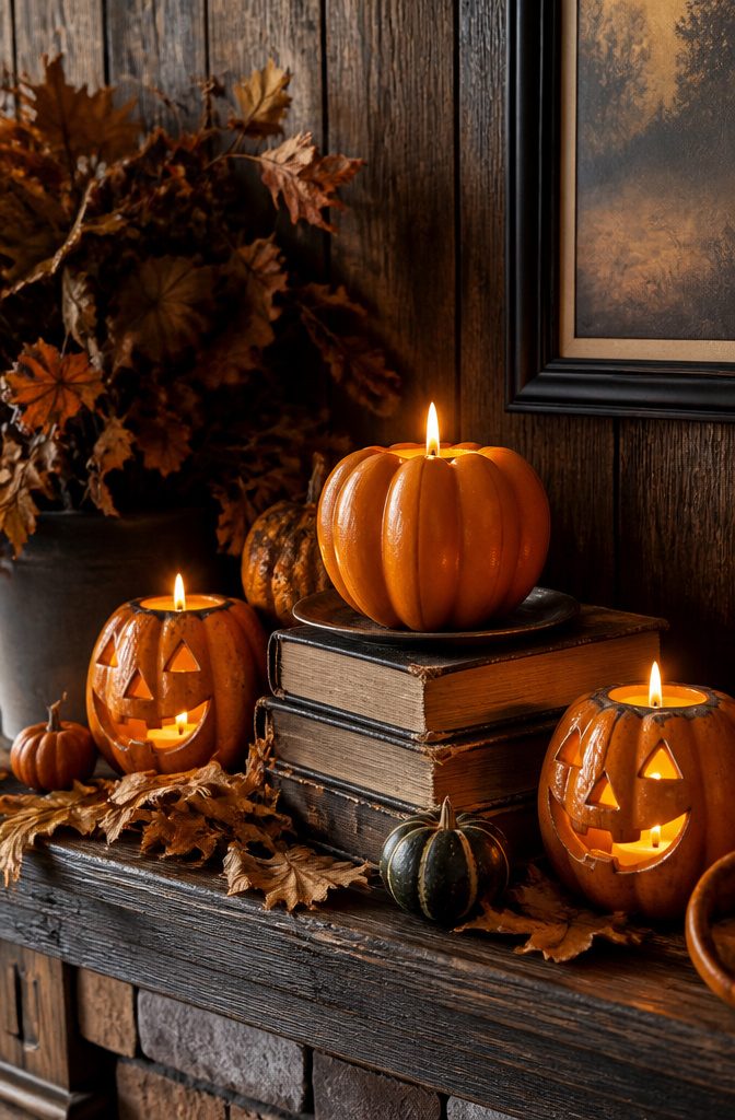 Various pumpkin-shaped candles arranged on a mantel.