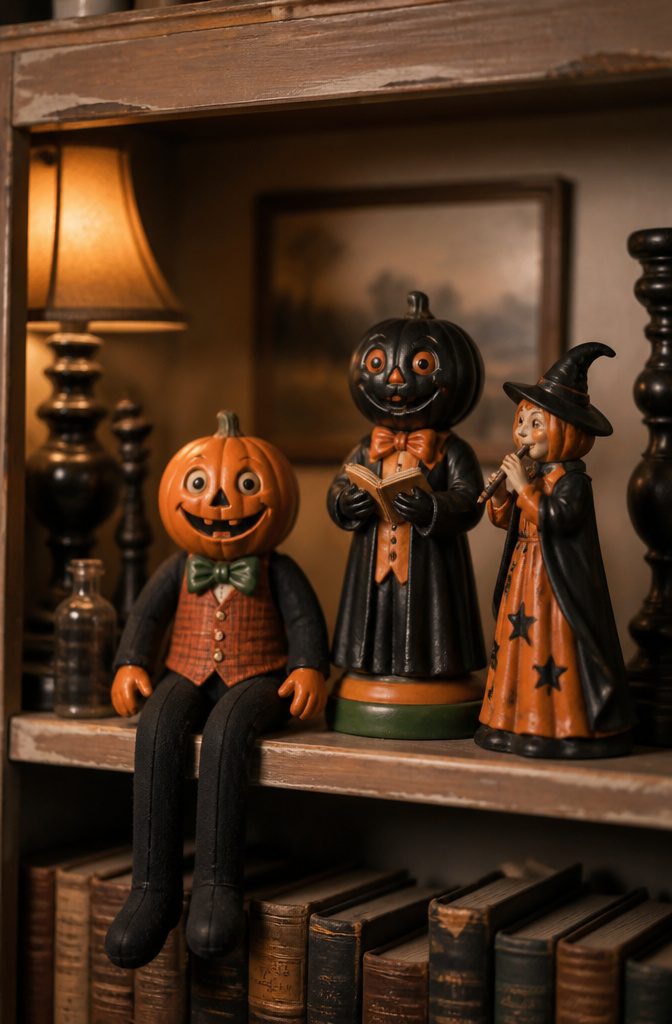 A grinning pumpkin figurine placed on a shelf.
