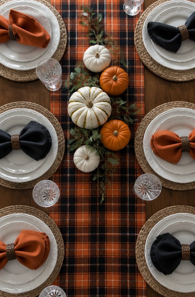 A table runner with a pumpkin motif on a dining table.