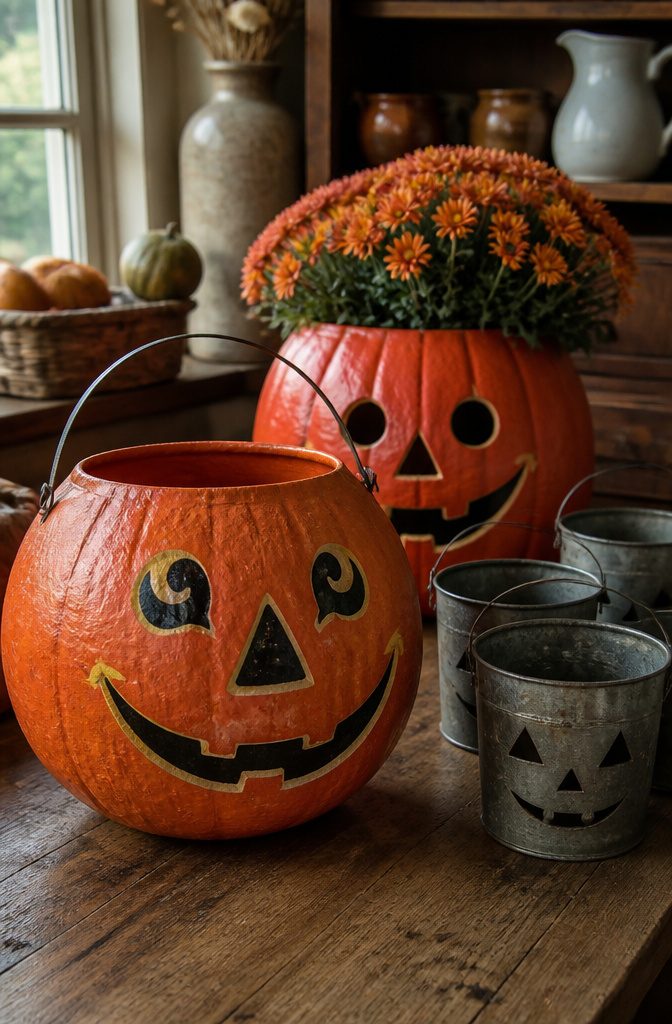 Two vintage pumpkin buckets made of paper-mache on display.