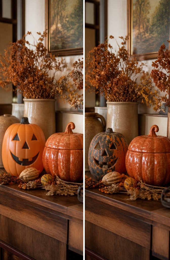 A collection of vintage pumpkin decorations showcasing different styles.